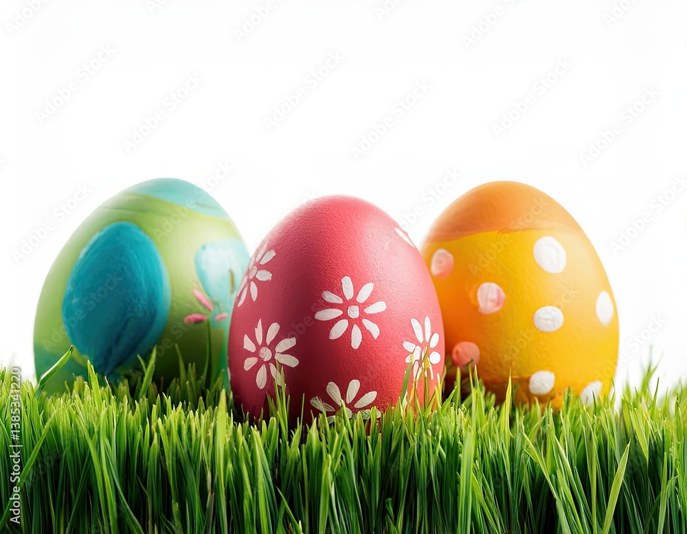 painted easter eggs celebrating a Happy Easter with green grass and blurred green grass foreground and isolated against painted easter eggs celebrating a Happy Easter with green grass and blurred green grass foreground and isolated against