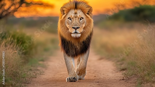 A magnificent lion walking along a dirt path, its golden fur blending with the warm tones of the savanna