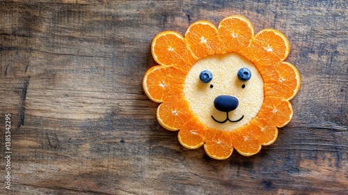 Obraz na płótnie A funny and cute lion face created with fruit, featuring an orange mane and blueberry details, sitting on a wooden table. w salonie