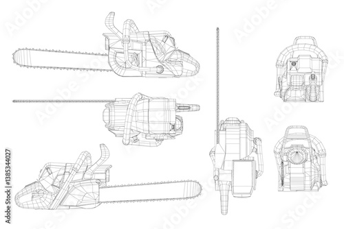 A series of drawings of a chainsaw. The drawings are all different angles and perspectives of the chainsaw