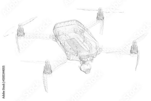 A black and white drawing of a drone with four propellers. The drone is shown in a detailed and realistic manner, with each propeller clearly visible. The drone's body is also shown in great detail
