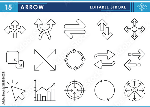 A set of line icons related to Arrow. Arrow, point, direction, scale, show, recycle, and so on. Vector editable stroke.