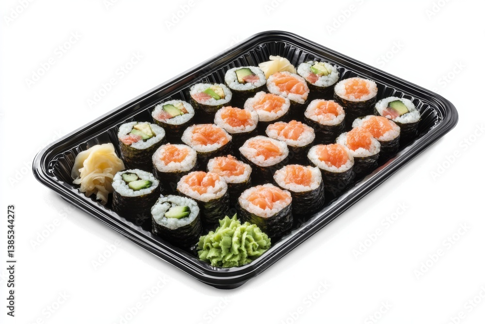 A platter of sushi rolls with soy sauce and pickled ginger. Featuring artistry and freshness A platter of sushi rolls with soy sauce and pickled ginger. Featuring artistry and freshness