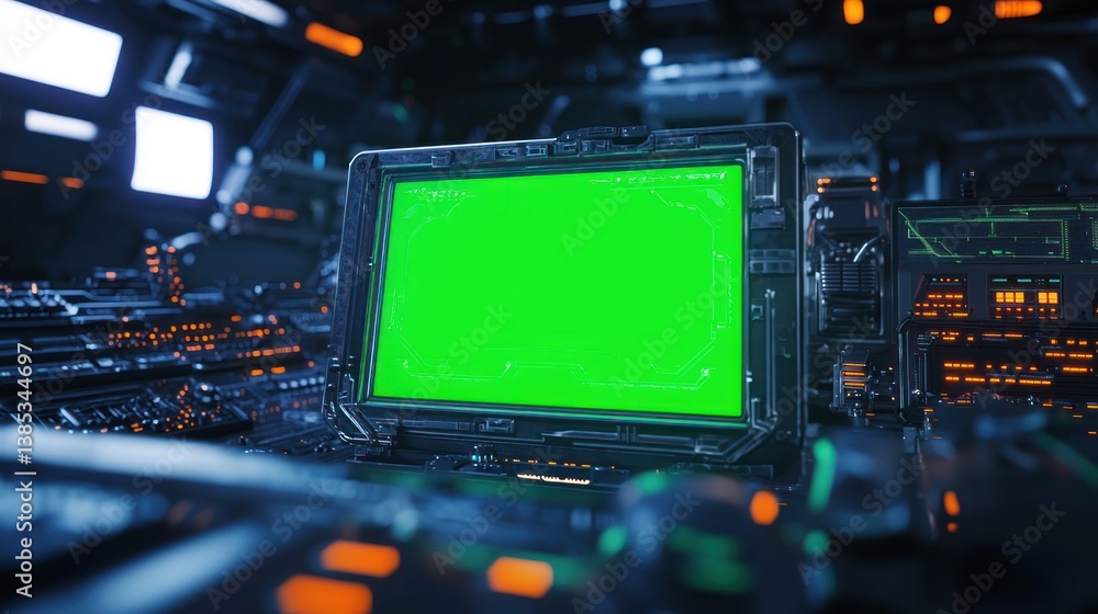 Fototapeta premium Futuristic Green Screen Control Panel in Spaceship Bridge