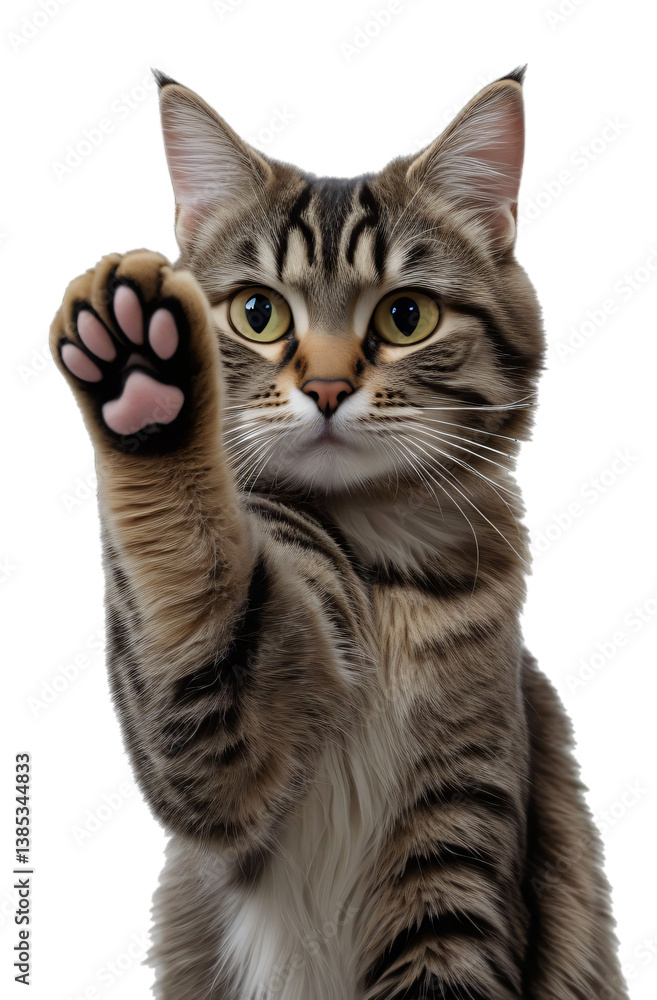 Obraz premium Photorealistic Tabby Cat Giving High Five with Striped Fur and Green Eyes