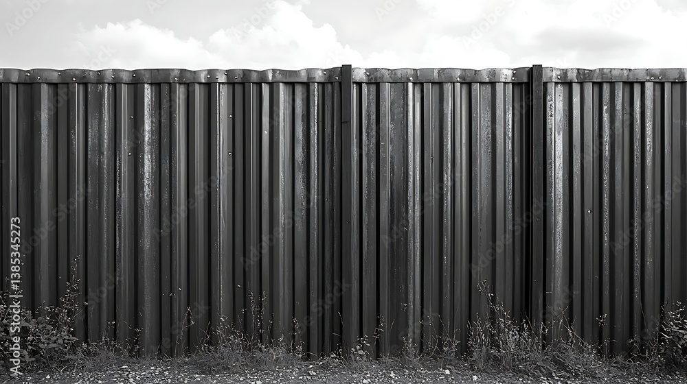 Fototapeta premium Monochrome Corrugated Metal Fence with Vegetation Outdoor Industrial Background Texture