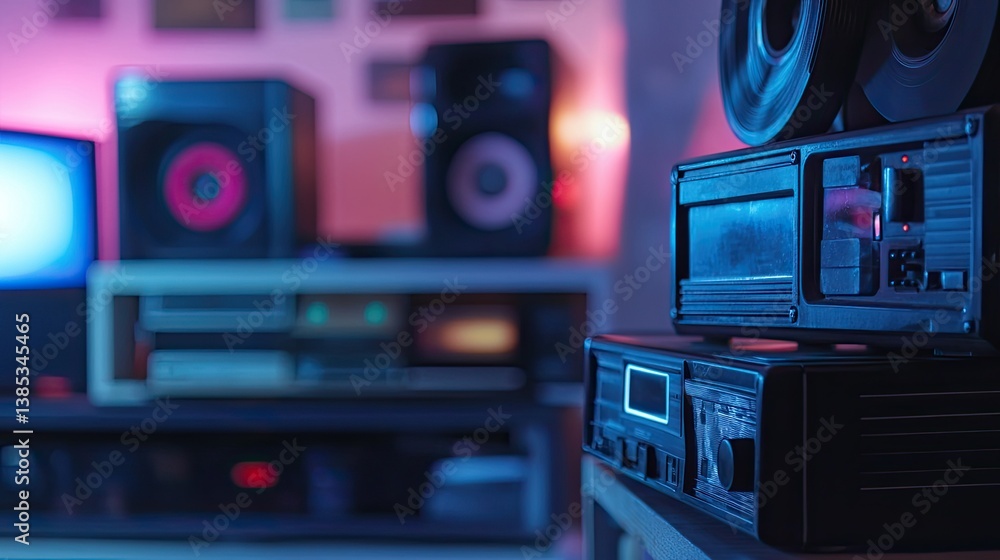 Fototapeta premium Cassette tape in focus, with a stereo system and soft light creating a dreamy, nostalgic music setting in the background.