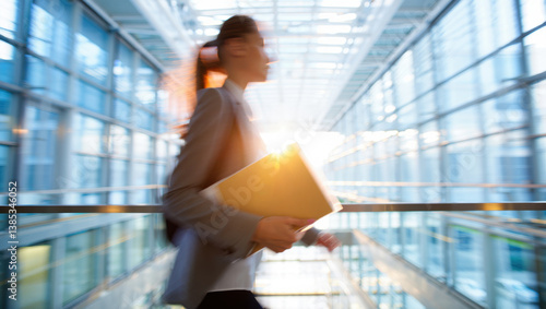 Motion blur photo of a woman walking in a business district with glass skyscrapers reflecting the sky and a hurried, professional pace