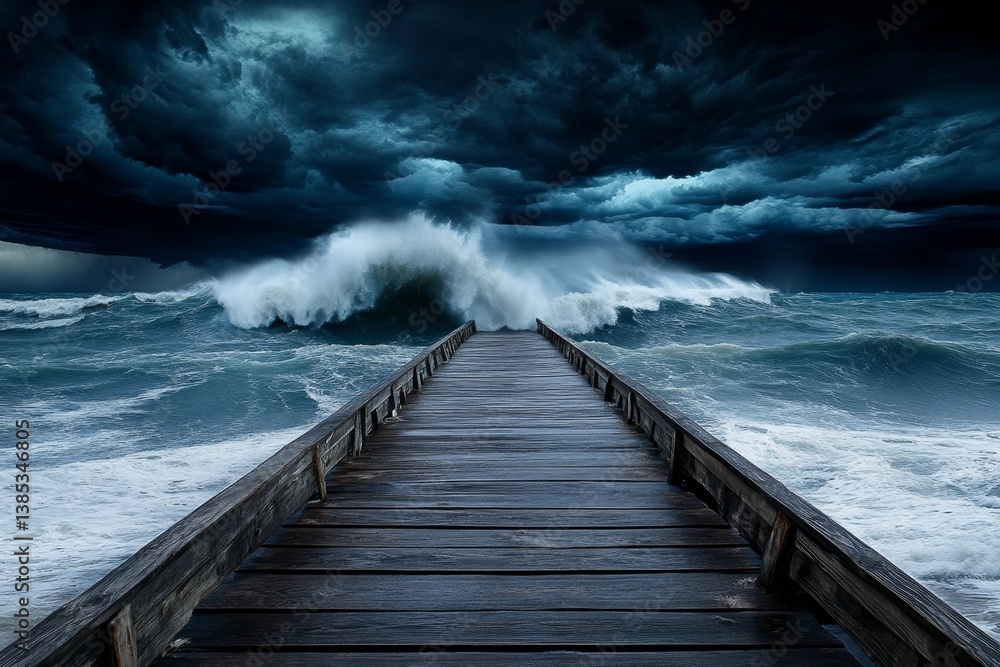 Fototapeta premium A moody storm rolling in over Blackpool Pier, with waves crashing against the wooden structure
