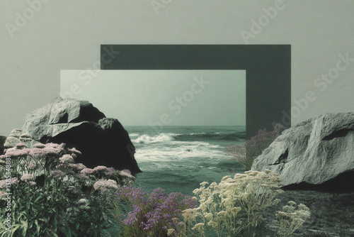 A collage showcases a calm ocean scene framed between rocks, with coastal flowers surrounding the edges. The composition evokes feelings of tranquility and natural beauty