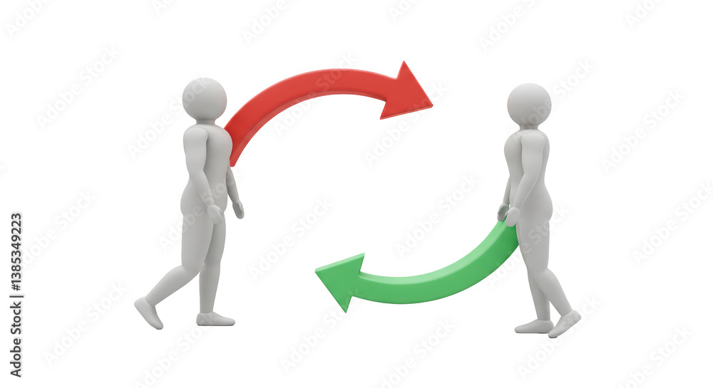 Isolated Stick Figures Exchanging Green and Red Arrows Representing Transfer Isolated Stick Figures Exchanging Green and Red Arrows Representing Transfer