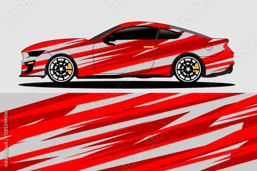 Stylized red sports car with dynamic stripes on a minimalist gray background, showcasing speed