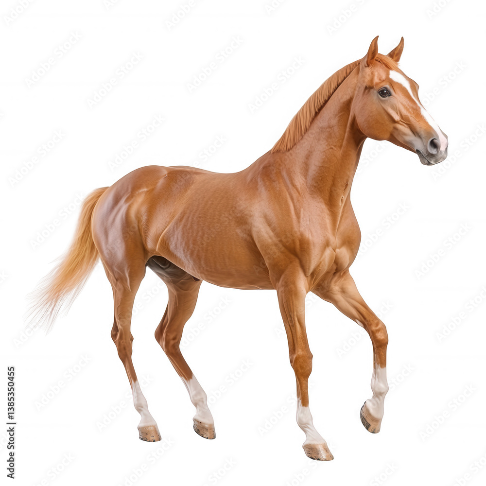 Obraz premium A majestic horse in mid-stride showcasing its powerful build and beautiful coat. Perfectly captured against a white isolation background for focus and clarity.