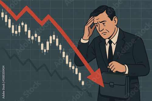 Economic Downturn: A businessman with a briefcase stands against a backdrop of a falling stock market chart, embodying financial crisis and economic uncertainty.