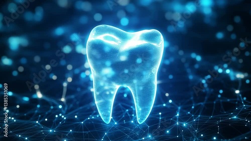 A digital tooth model is displayed with glowing blue effects and intricate network patterns, illustrating dental technology and innovation