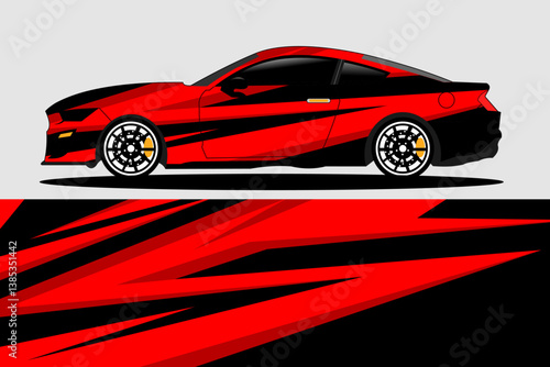 A sleek red sports car with dynamic black stripes parked against a minimalist gray background