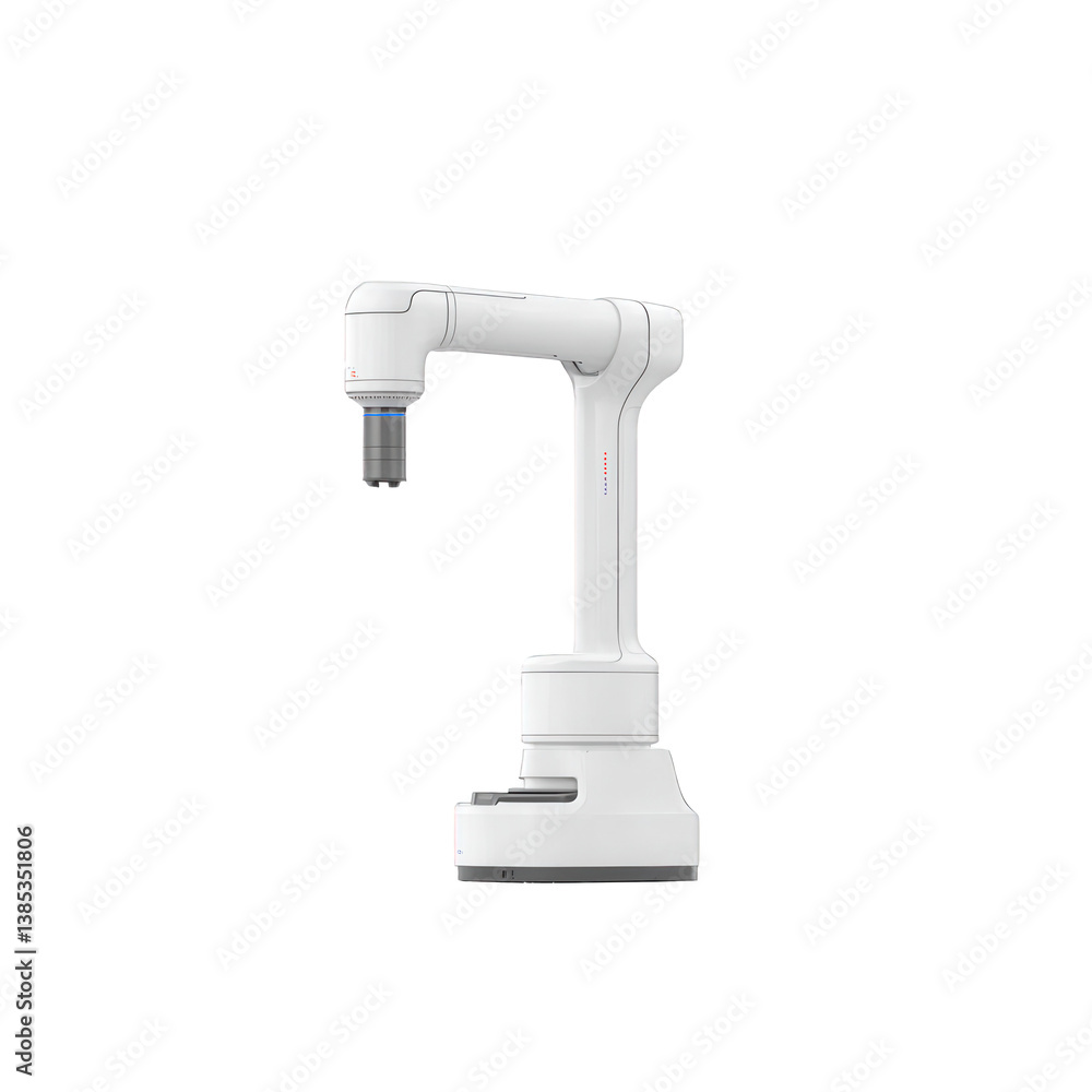 A modern robotic arm isolated on a white background, showcasing its sleek design and advanced features, perfect for illustrating automation and robotics in industry. A modern robotic arm isolated on a white background, showcasing its sleek design and advanced features, perfect for illustrating automation and robotics in industry.