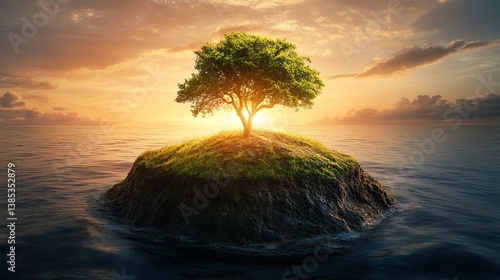 Obraz na płótnie Lush green tree on small rocky island surrounded by ocean at golden sunset for eco campaigns and inspirational themes w salonie