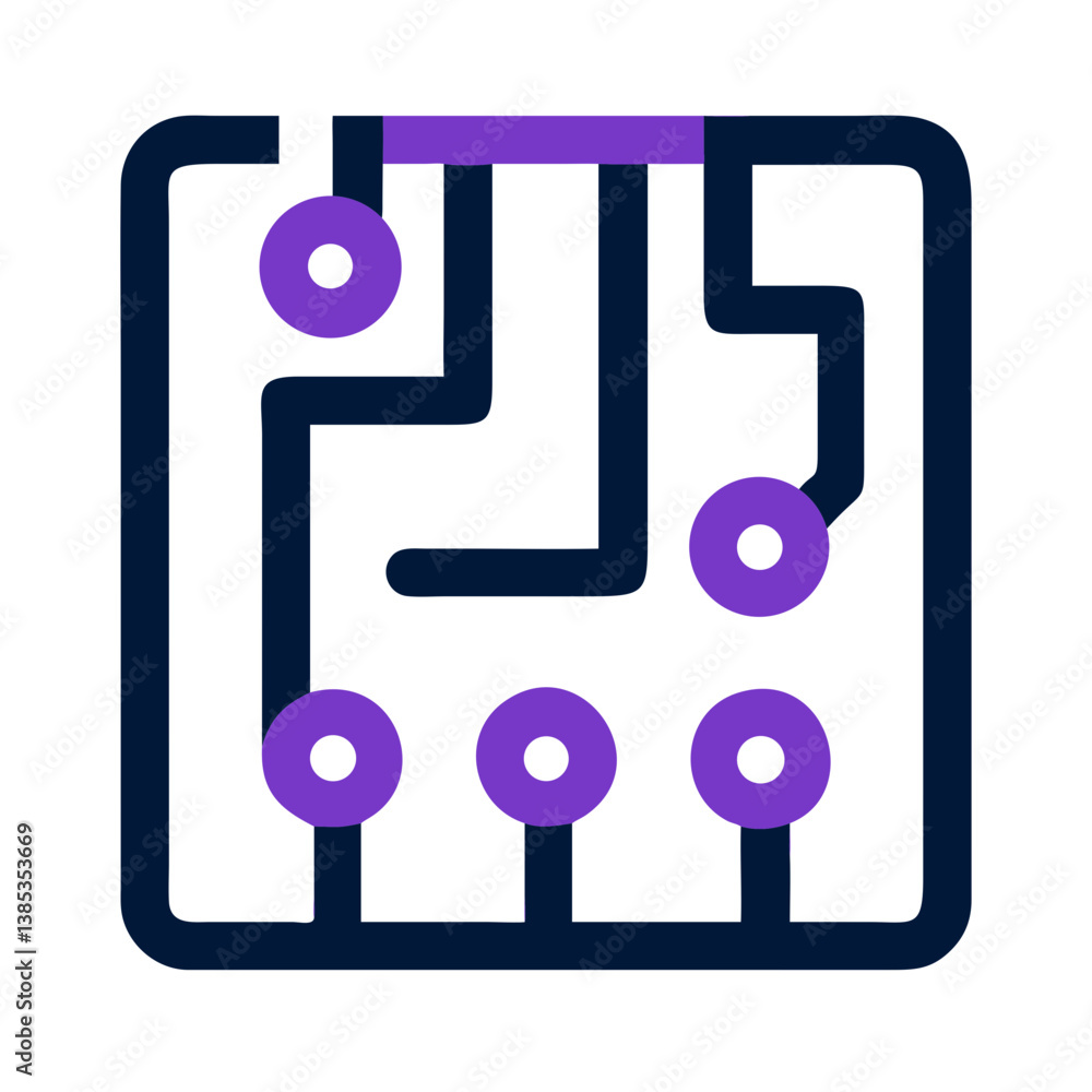 Circuit board with purple connectors flat tech icon Circuit board with purple connectors flat tech icon