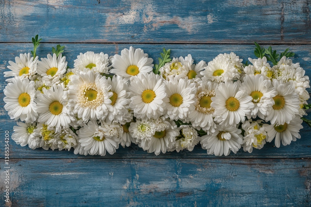 Obraz premium White flowers delicately arranged across a distressed blue wooden surface