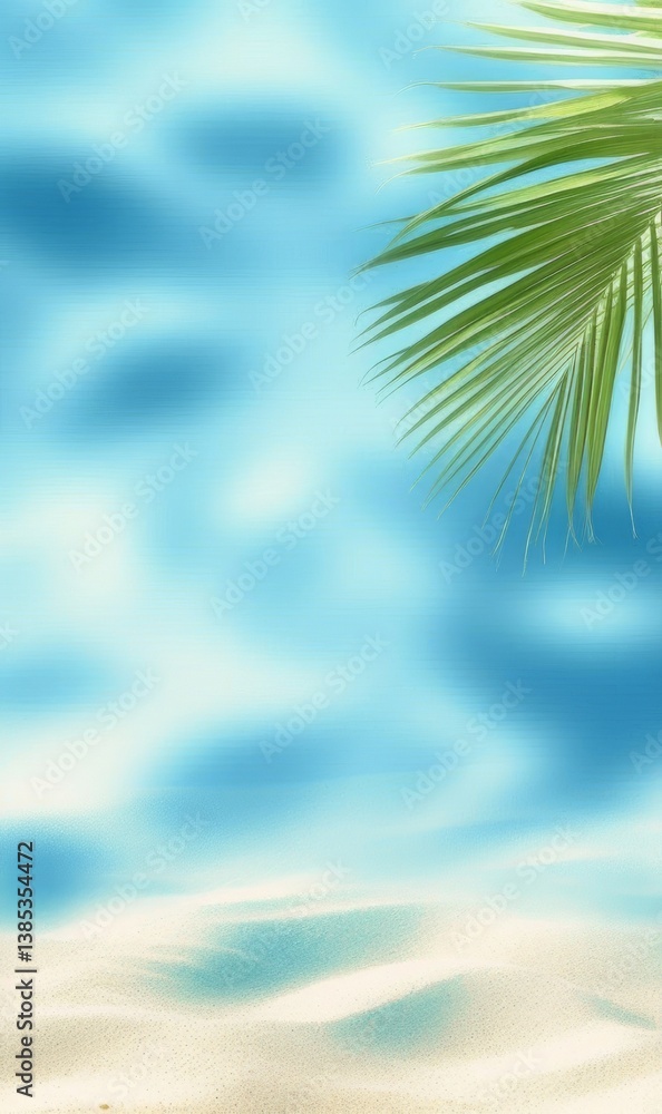 A palm leaf with a blurred background of sand and blue, creating a tropical, serene atmosphere. A palm leaf with a blurred background of sand and blue, creating a tropical, serene atmosphere.