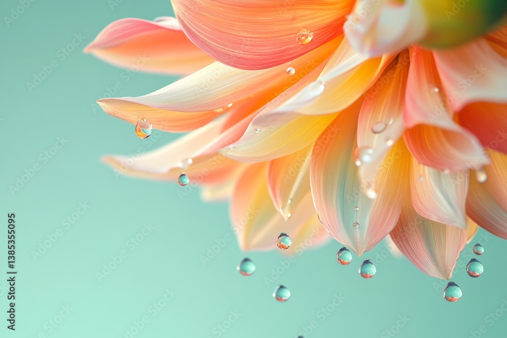 Fototapeta premium A colorful dahlia flower floating in mid-air, with water droplets on petal edges, captured in macro photography against a light green background.