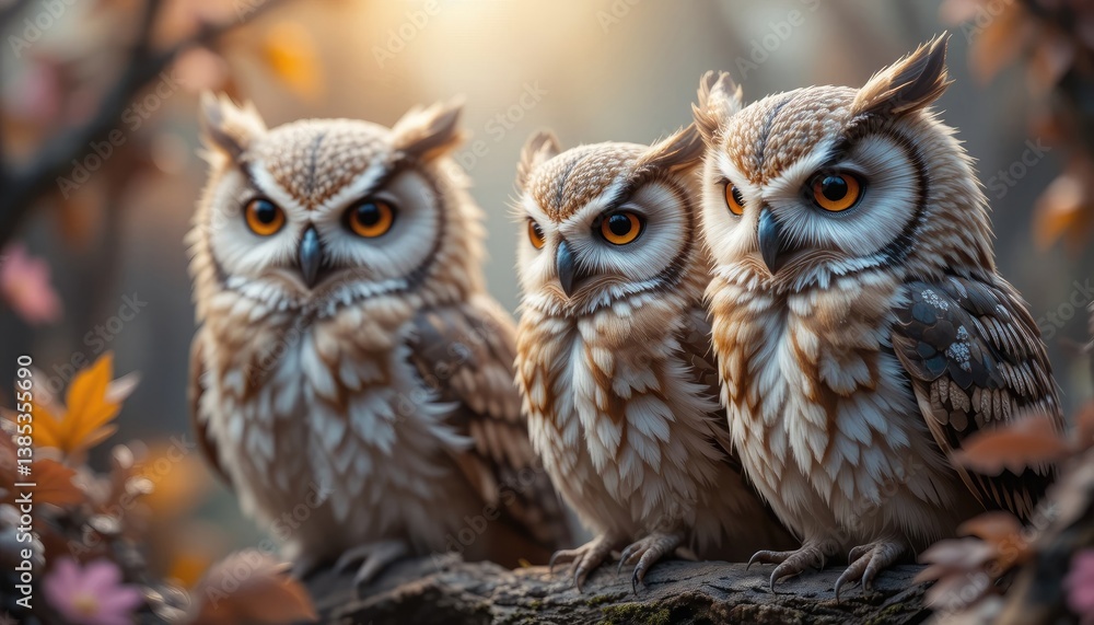 Three Owls Perched on Branch Looking Forward in Forest Setting Three Owls Perched on Branch Looking Forward in Forest Setting