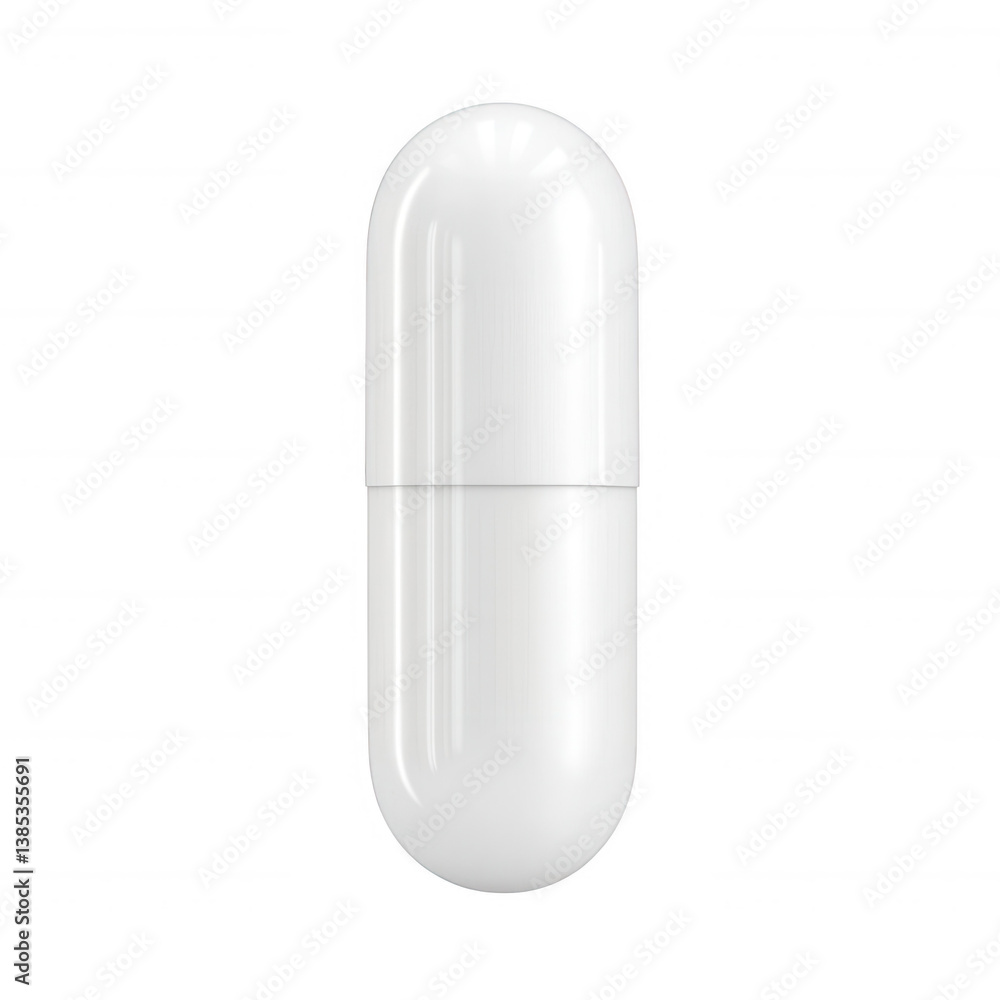 A sleek, white gelatin capsule on a white isolated background, ideal for showcasing pharmaceutical products or dietary supplements. A sleek, white gelatin capsule on a white isolated background, ideal for showcasing pharmaceutical products or dietary supplements.