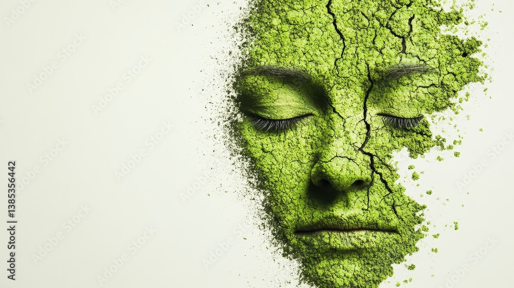Cracked green face made of earth dust symbolizing fragility of nature for Earth Day campaigns and environmental awareness