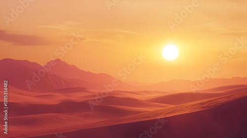 Desert Sunset: A breathtaking sunset over a vast desert landscape, with the sun's warm light casting a golden hue on the rolling sand dunes and distant mountains.
