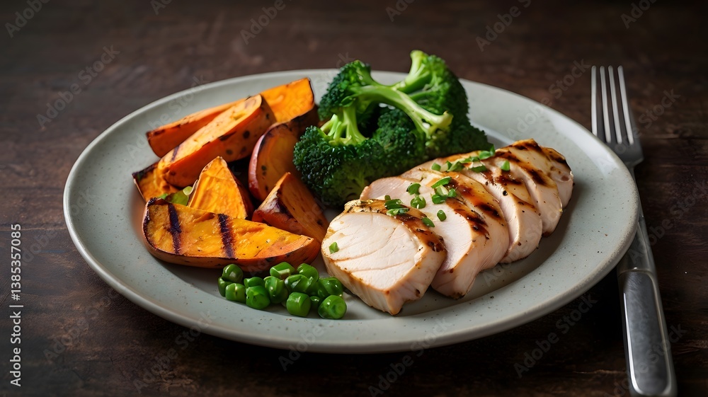 Balanced meal with grilled chicken, broccoli, and sweet potatoes on a clean plate, vibrant natural colors and light. Balanced meal with grilled chicken, broccoli, and sweet potatoes on a clean plate, vibrant natural colors and light.