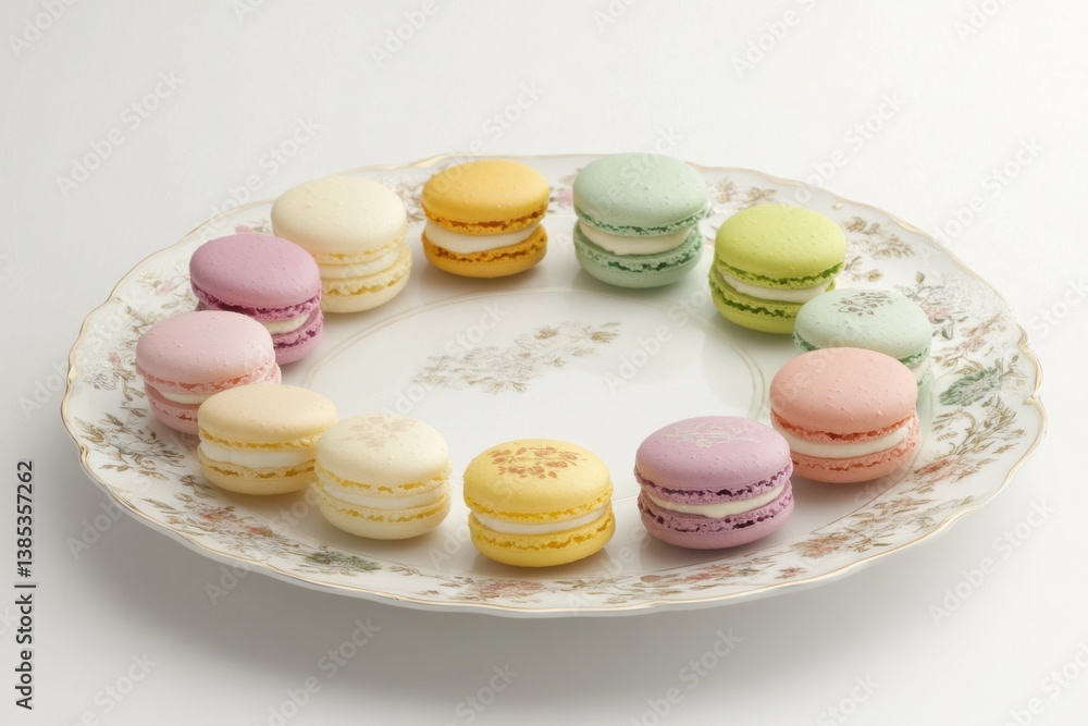 Obraz premium A selection of colorful macarons on an elegant dessert plate. Featuring charm and elegance