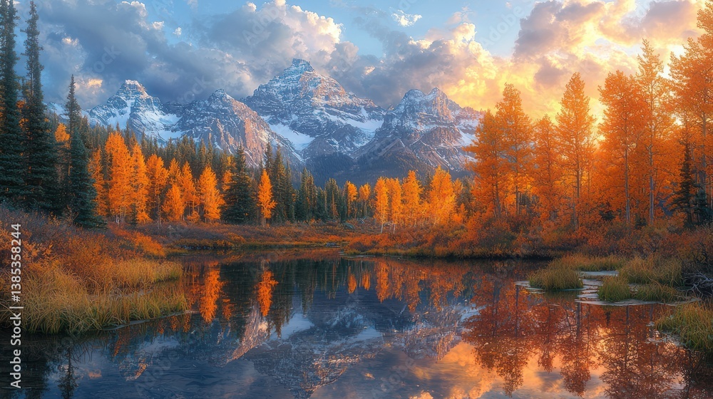 Obraz premium Autumn sunrise over mountain lake reflecting golden aspens