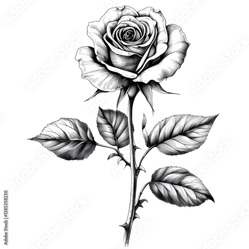 Monochrome rose silhouette with sharp contrast and stylized leaves on transparent background