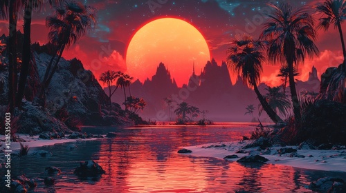 Tropical sunset beach, snowy mountains, red sun, fantasy landscape, artwork