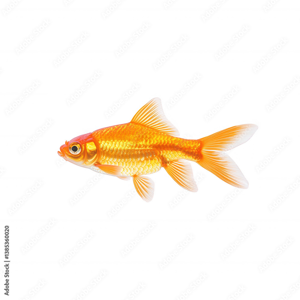 A vibrant goldfish with shimmering scales, swimming gracefully against a white isolated background. A vibrant goldfish with shimmering scales, swimming gracefully against a white isolated background.