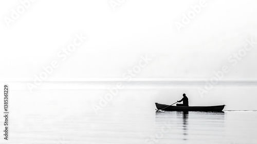 minimalist black and white photography, lone figure in canoe, tranquil lake, misty horizon, serene atmosphere, negative space, silhouette, reflections on water