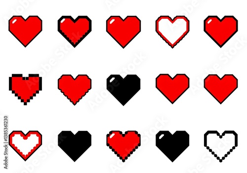 A pixelated heart collection showcasing variations in color and outline, expressing love and gaming nostalgia with simple, bold designs.
