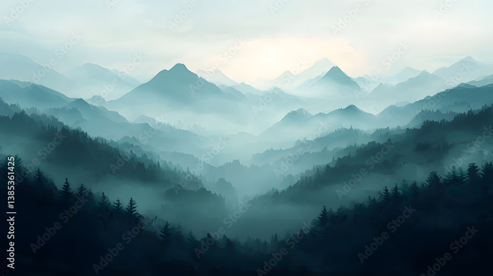 Naklejka premium Serene Mountain Vista: An ethereal panoramic landscape of layered mountain ranges, shrouded in a soft, atmospheric mist, evoking a sense of tranquility and vastness.