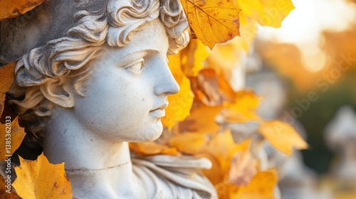 A serene classical sculpture bust of a young woman is partially obscured by vibrant yellow autumn leaves in a picturesque outdoor setting.