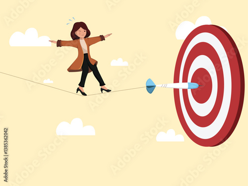 Businesswoman Walking on Tightrope Toward Bullseye Concept of Risk Management, Strategic Focus, and Achieving Goals Under Pressure.
