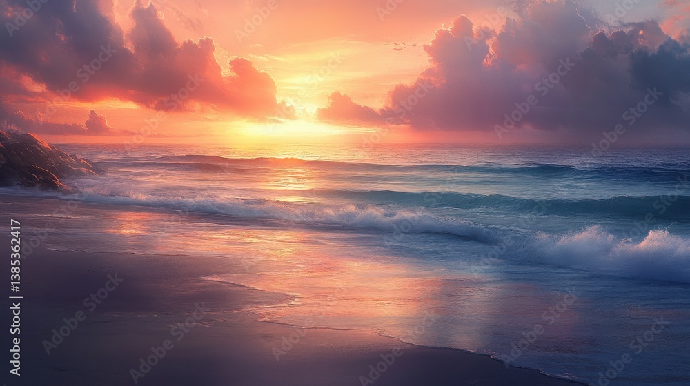 A breathtaking sunset paints the sky with vibrant orange and pink hues as gentle waves caress a tranquil sandy beach at dusk creating a serene coastal landscape. A breathtaking sunset paints the sky with vibrant orange and pink hues as gentle waves caress a tranquil sandy beach at dusk creating a serene coastal landscape.