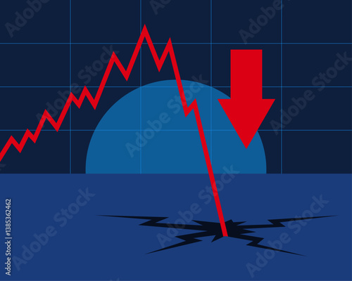 Stock market crash conceptual vector illustration. Stock price falling chart with red down arrow.