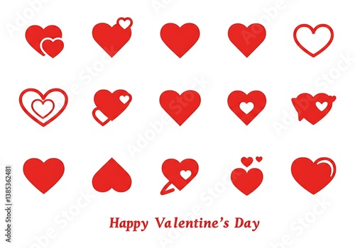 A vibrant collection of red hearts celebrating Valentine's Day with simple, bold designs on a white background.