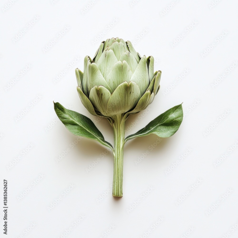 Obraz premium A single artichoke in close-up, isolated on a white background. Featuring intricate leaves and green color