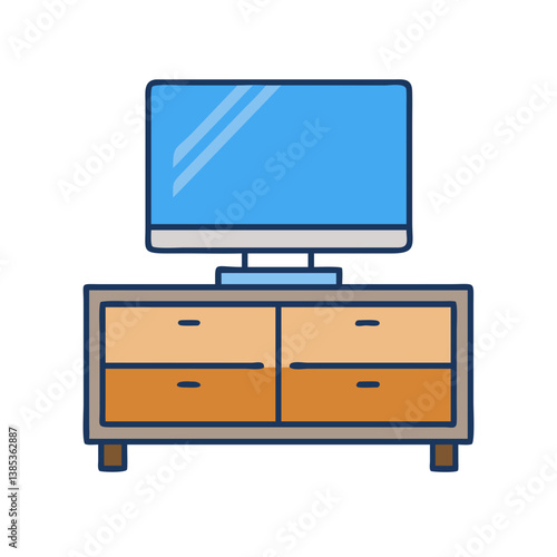 Illustration of tv on stand with drawers for home entertainment center furniture and media storage unit