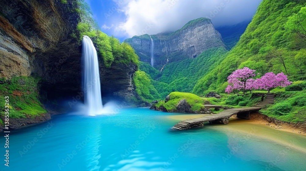 Obraz premium A serene waterfall in Japan, framed by a traditional wooden bridge and vibrant cherry blossoms in spring