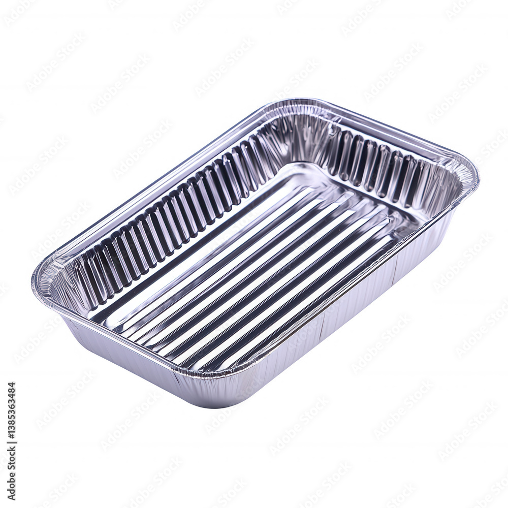 Aluminum baking tray with ridged interior, designed for cooking and baking various dishes, isolated on a white background. Aluminum baking tray with ridged interior, designed for cooking and baking various dishes, isolated on a white background.