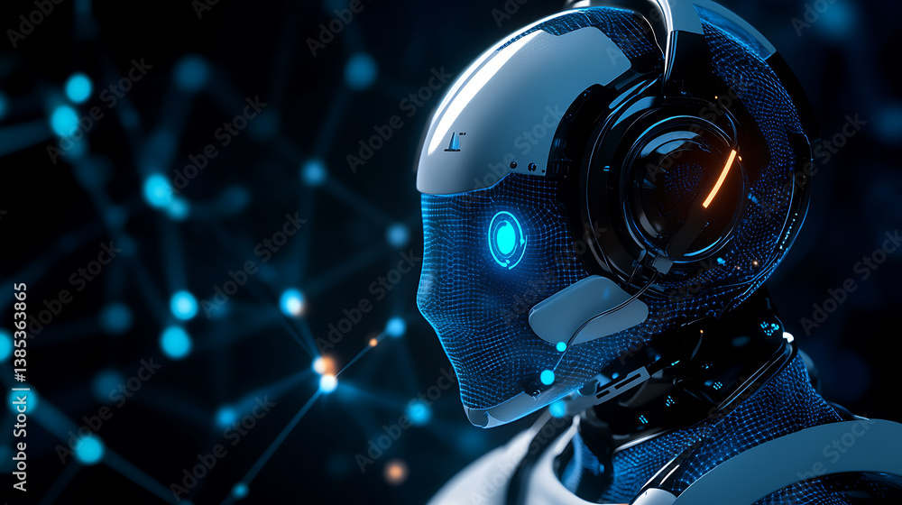 Fototapeta premium An AI powered system automating customer service interactions by analyzing real time chat and voice data, futuristic AI-driven customer support platform, Business technology style