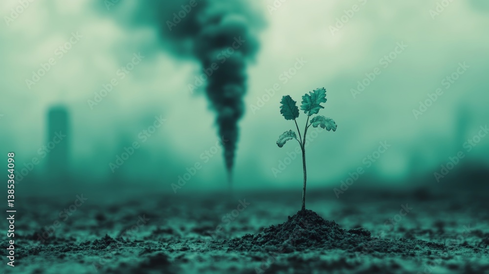 Young sprout growing in toxic soil as a symbol of new beginnings and environmental awareness